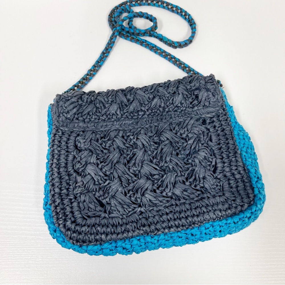 J. Crew Blue Color Block Colorblock Raffia Crossbody Purse - Picture 5 of 7